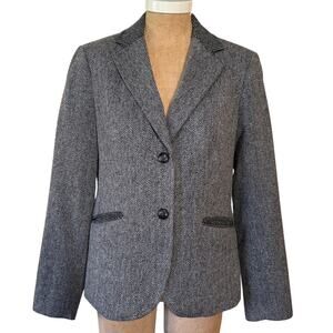 Talbots Blazer Size 8 Wool Blend Chevron Houndstooth Button Career Black Preppy